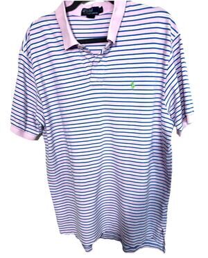 POLO Ralph Lauren Men’s Polo Shirt Short Sleeve Pink Blue Stripe 100% Cotton XL